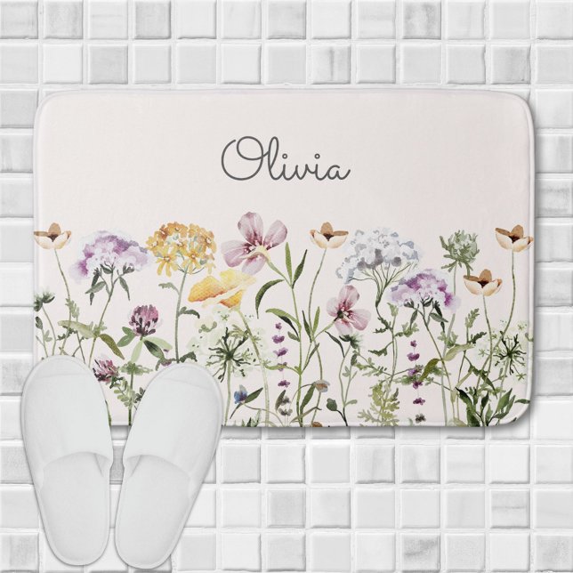 Monogrammed Colourful Wildflower Garden Bath Mat (In situ)