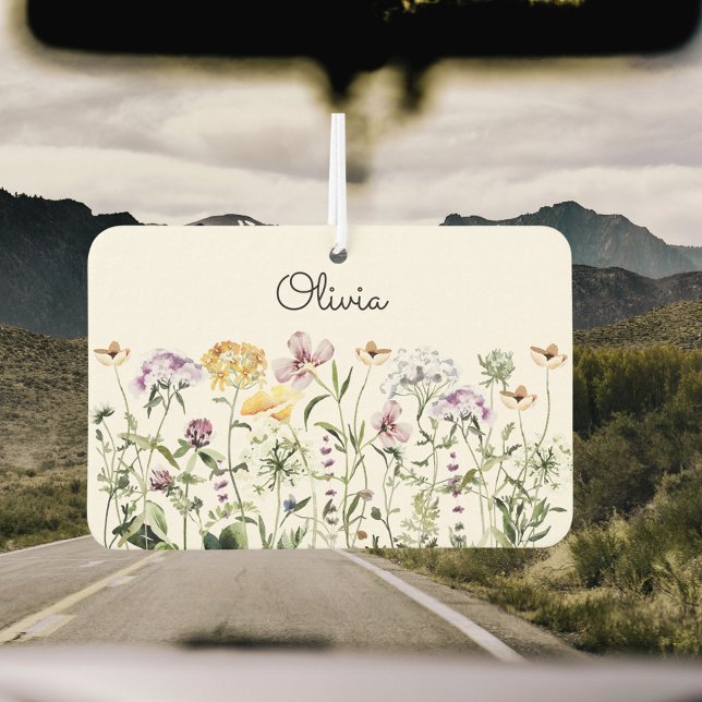 Monogrammed Colourful Wildflower Garden Car Air Freshener (In situ)