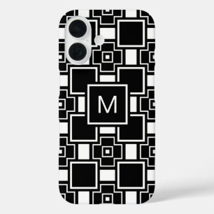 Monogrammed contemporary black and white pattern iPhone 16 case