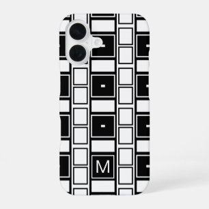 Monogrammed contemporary black and white squares iPhone 16 case