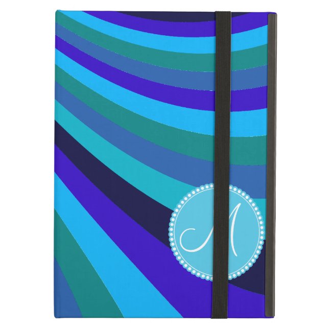 Monogrammed Cool Blue Grey Rainbow Slide Stripes Case For iPad Air (Front Closed)