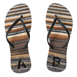 Monogrammed COOL Wood Grain Pattern Flip Flops