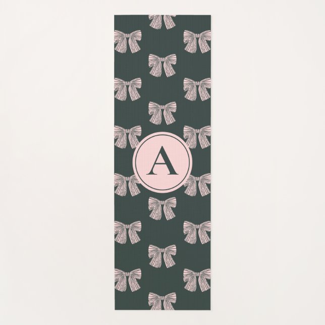 Monogrammed Coquette Bow Black & Pink Stylish Yoga Mat (Front)