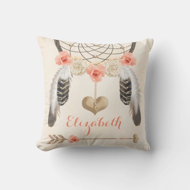 Monogrammed Coral and Gold Boho Dreamcatcher Cushion (Front)