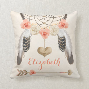 Monogrammed Coral and Gold Boho Dreamcatcher Cushion
