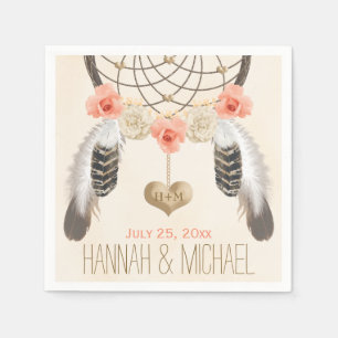 MONOGRAMMED CORAL AND GOLD DREAMCATCHER WEDDING NAPKIN