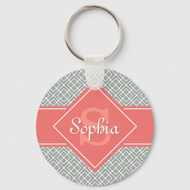 Monogrammed Coral and Grey Diamond Pattern Key Ring (Front)