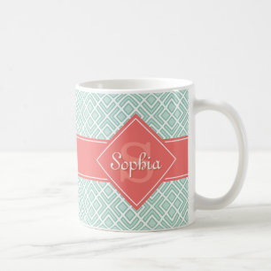 Monogrammed Coral and Mint Diamond Pattern Coffee Mug