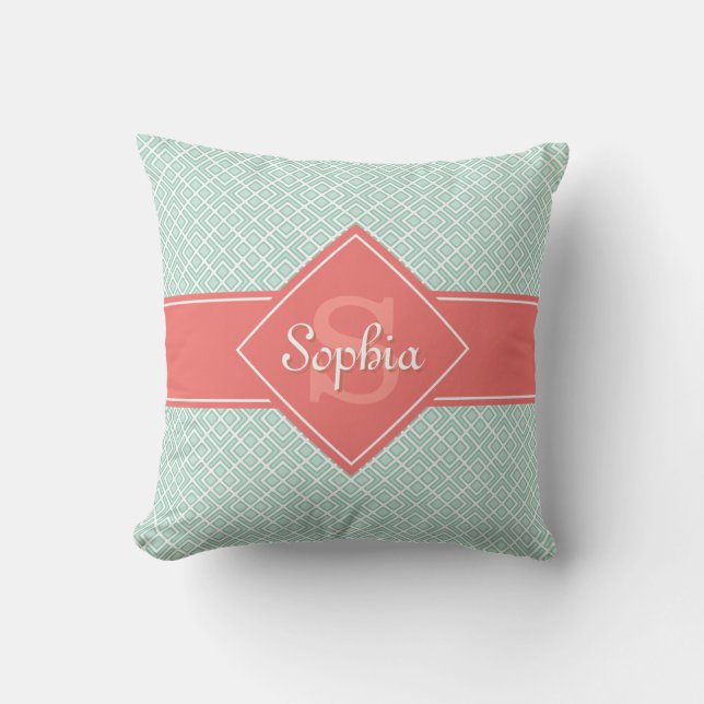 Monogrammed Coral and Mint Diamond Pattern Cushion (Front)