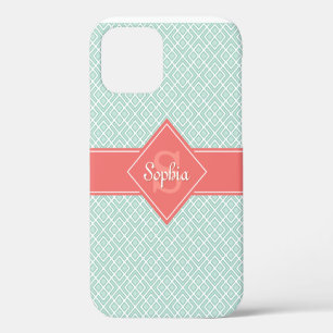 Monogrammed Coral and Mint Diamond Pattern iPhone 12 Case