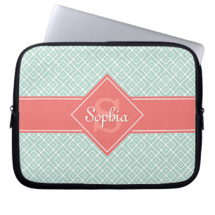 Monogrammed Coral and Mint Diamond Pattern Laptop Sleeve