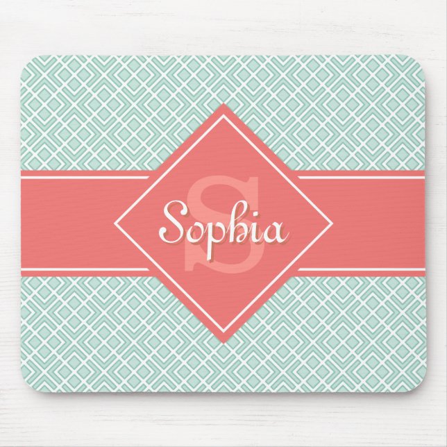 Monogrammed Coral and Mint Diamond Pattern Mouse Mat (Front)