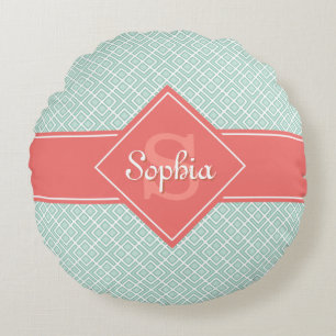 Monogrammed Coral and Mint Diamond Pattern Round Cushion