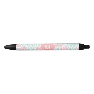 Monogrammed Coral and Mint Floral Damask Black Ink Pen