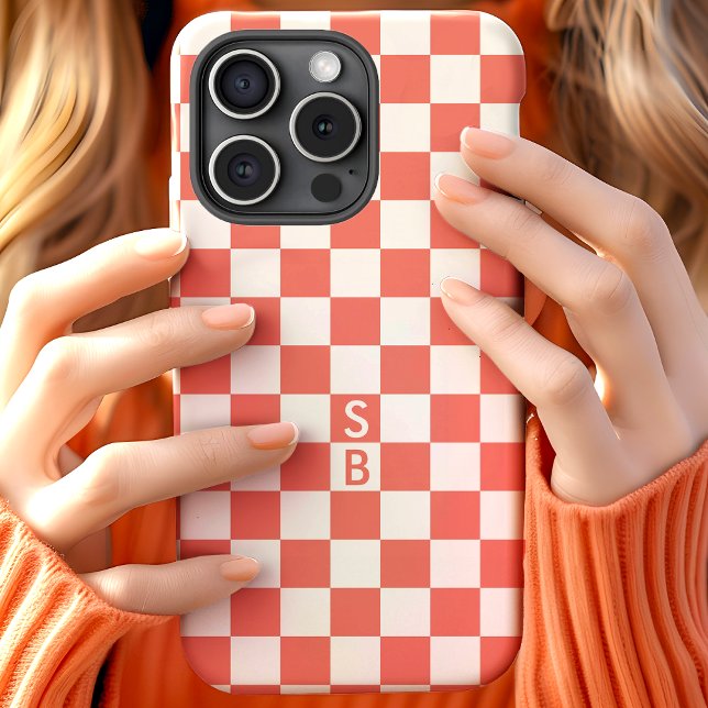 Monogrammed Coral And White Chequerboard Pattern Case-Mate iPhone Case (Creator Uploaded)