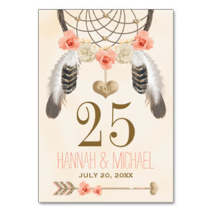 Monogrammed Coral Gold Boho Dreamcatcher Number Table Number
