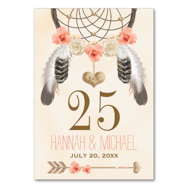 Monogrammed Coral Gold Boho Dreamcatcher Number Table Number (Front)