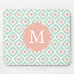 Monogrammed Coral Mint Diamonds Ikat Pattern Mouse Mat