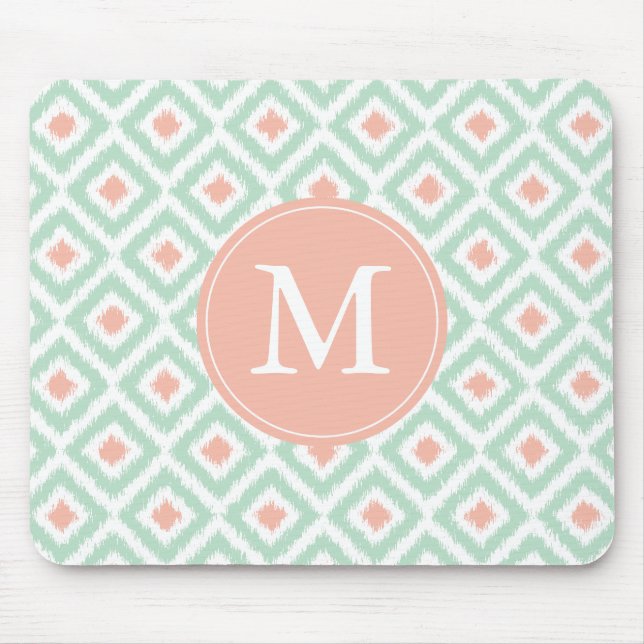 Monogrammed Coral Mint Diamonds Ikat Pattern Mouse Mat (Front)