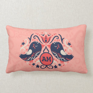 Monogrammed Coral Navy Blue Folk Art Birds Floral Lumbar Cushion