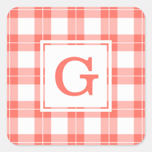 Monogrammed Coral Orange and White Plaid Pattern Square Sticker