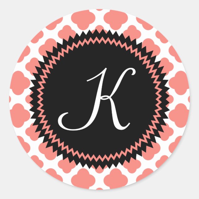 Monogrammed Coral Pink-Black Quatrefoil Pattern Classic Round Sticker (Front)