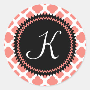 Monogrammed Coral Pink-Black Quatrefoil Pattern Classic Round Sticker