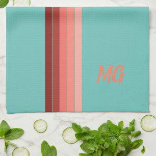 Monogrammed Coral Red Pink White Stripes Tea Towel
