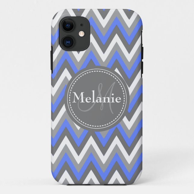 Monogrammed Cornflower Blue & Grey Chevron Pattern Case-Mate iPhone Case (Back)