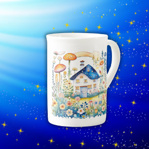 Monogrammed Cottagecore Home with Mushrooms Bone China Mug