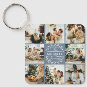 Monogrammed Couple Photo Collage Dusty Blue Gift Key Ring