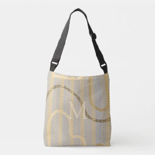 Monogrammed Cream Grey Gold Abstract Pattern Crossbody Bag