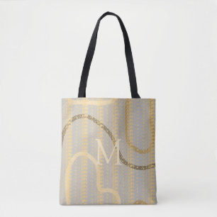 Monogrammed Cream Grey Gold Abstract Pattern  Tote Bag