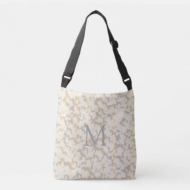 Monogrammed Cream Grey Gold Leafs Abstract Design Crossbody Bag (Front)