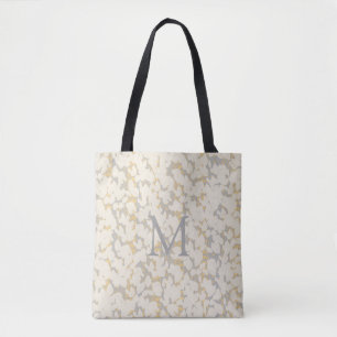 Monogrammed Cream Grey Gold Leafs Abstract Design Tote Bag