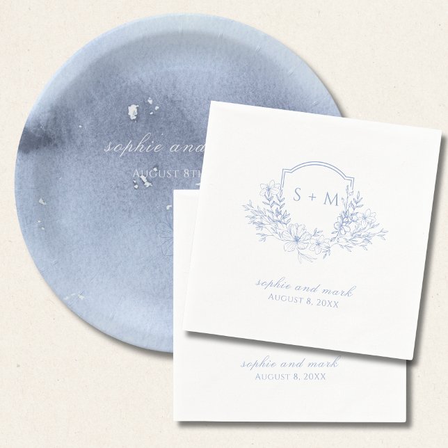 Monogrammed Crest Blue Floral Napkin (Creator Uploaded)