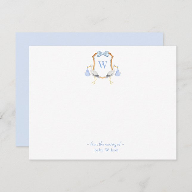 Monogrammed crest with Stork Baby boy Thank You Card (Front/Back)