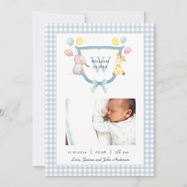 Monogrammed Crest with watercolor animal Birth Announcement (Front)