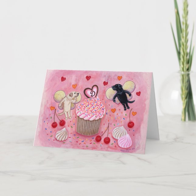 Monogrammed Cupcake and Labrador Birthday Card (Front)