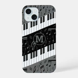 Monogrammed curve piano keys and musical notes iPhone 15 case