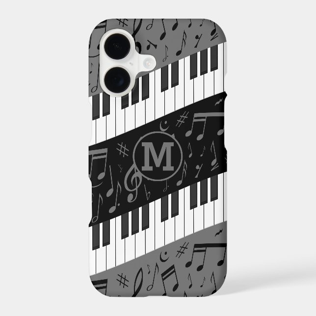 Monogrammed curve piano keys and musical notes iPhone case (Back)