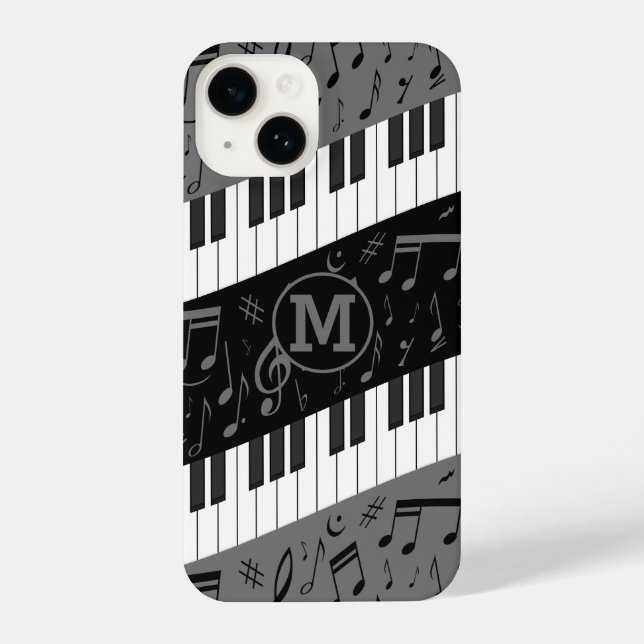 Monogrammed curve piano keys and musical notes iPhone case (Back)