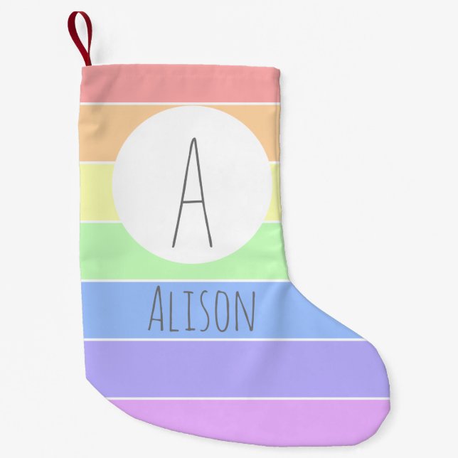 Monogrammed Custom Name Pastel Rainbow Stripes Small Christmas Stocking (Front)
