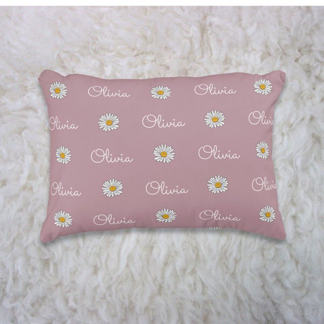 Monogrammed Custom Name White Daisy Floral Pattern Decorative Cushion (In situ)