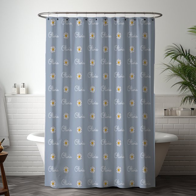 Monogrammed Custom Name White Daisy Floral Pattern Shower Curtain (In situ bathroom)