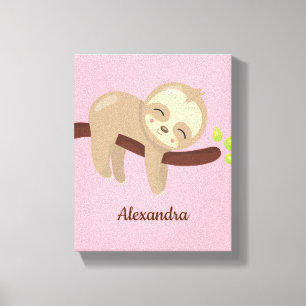 Monogrammed Cute Baby Sloth on Tree Pink Nursery Canvas Print