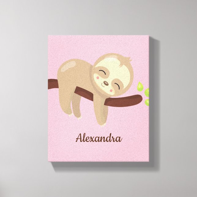 Monogrammed Cute Baby Sloth on Tree Pink Nursery Canvas Print (Front)