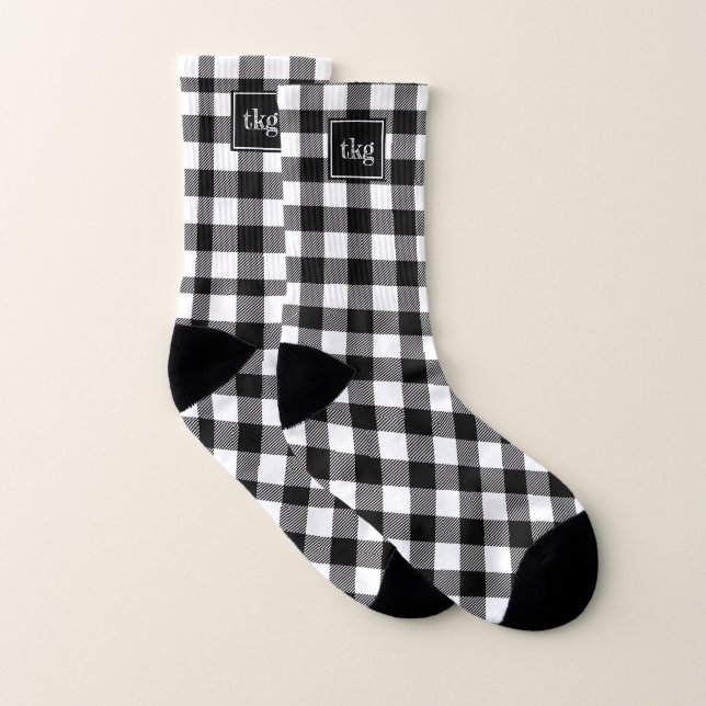 Monogrammed Cute Black and White Buffalo Plaid Socks (Pair)