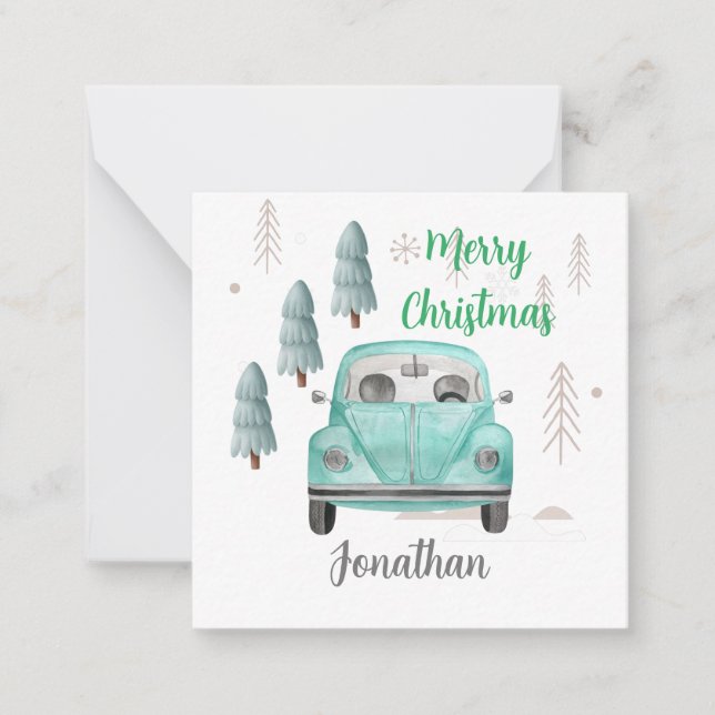 Monogrammed cute Christmas trees and car blue Card (Front)