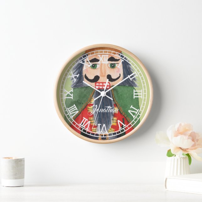 Monogrammed cute folk art nutcracker soldier Green Clock (Home)